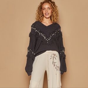 POL Pearl Embellished Balloon Sleeve Sweater NWT